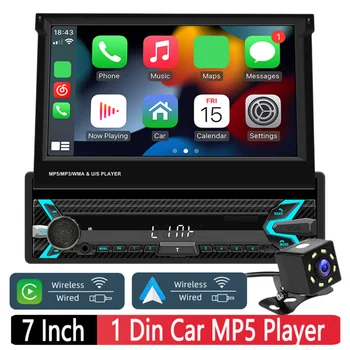 7 инчов автомобил радио 1 Din безжичен Carplay Android Auto 1 Din MP5 плейър кола стерео заден камера прибиращ се екран AUX WiFi