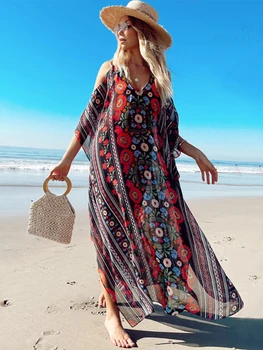 2023 Бохемски печатни v-образно деколте лятна плажна рокля за жени облекло плюс размер Kaftan туника плаж износване бански костюм Cover Up Q1352