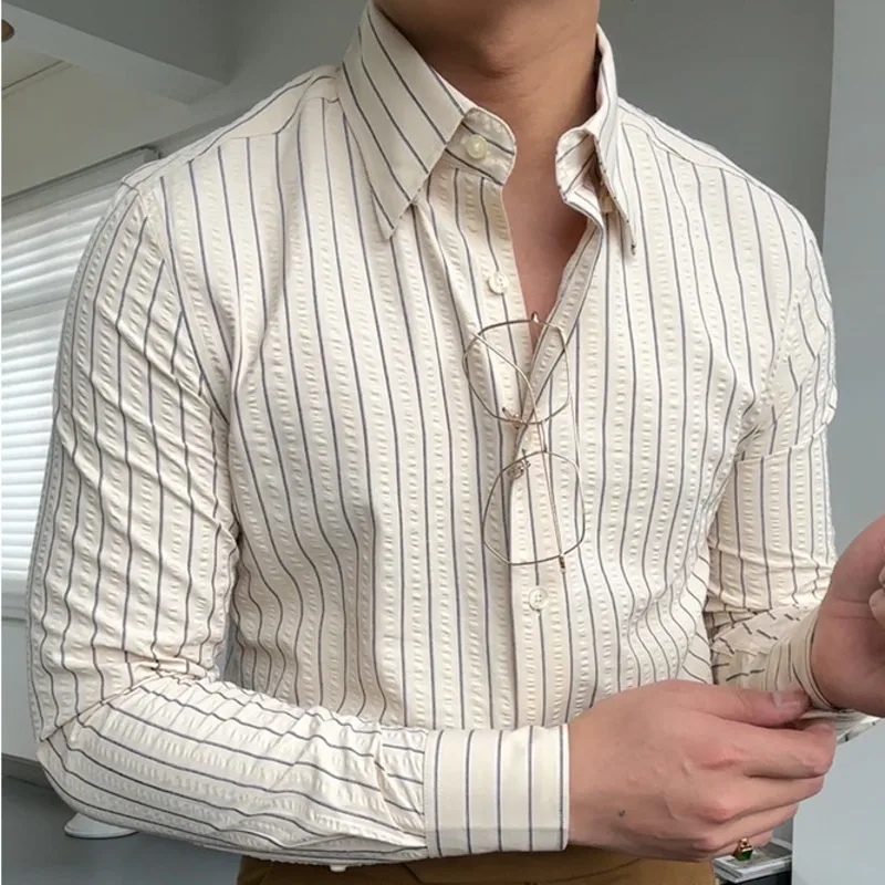 Контрастни ивици Риза с копчета за мъже Рокля с дълъг ръкав Пролет Мъже Джентълменски бизнес Социална луксозна официална риза