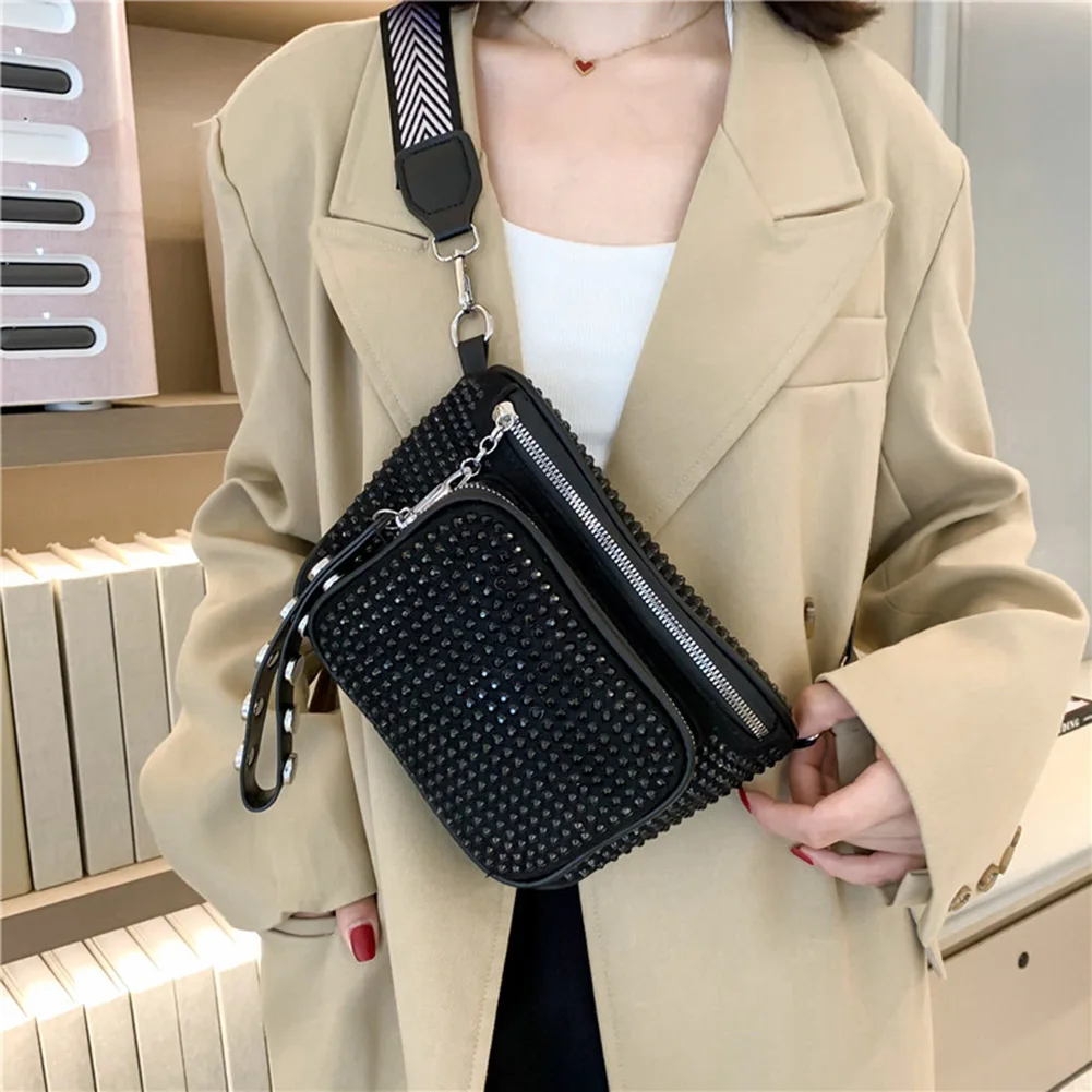 Модни Crossbody чанти PU кожа жени телефон торбичка Rhinestone диамант Crossbody чанта цип широка каишка седло чанта